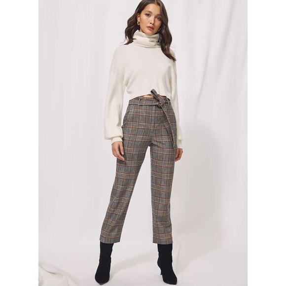 Aritzia Wilfred Dark Wool Houndstooth Plaid Tie Front Pants w/ Removable Belt - Picture 1 of 11